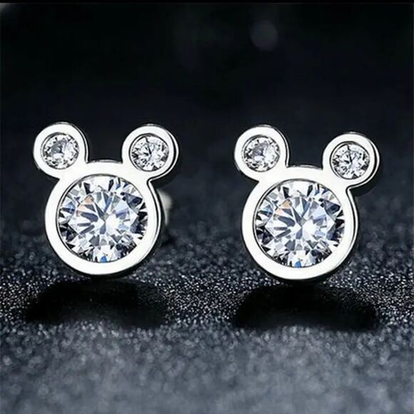 Silver Mickey Mouse Crystal Stud Earrings - Picture 1 of 4